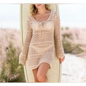 Altar'd State Swim Cream Crochet Knit Lace Up Long Sleeve Cover Up Dress Small